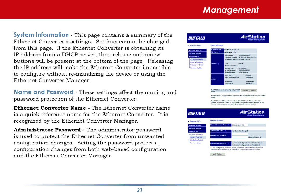 Buffalo Technology WLI-TX4-G54HP user manual Management 