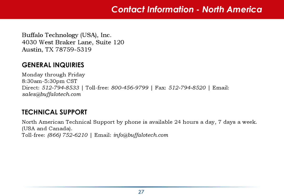 Buffalo Technology WLI-TX4-G54HP user manual Contact Information North America, General Inquiries 