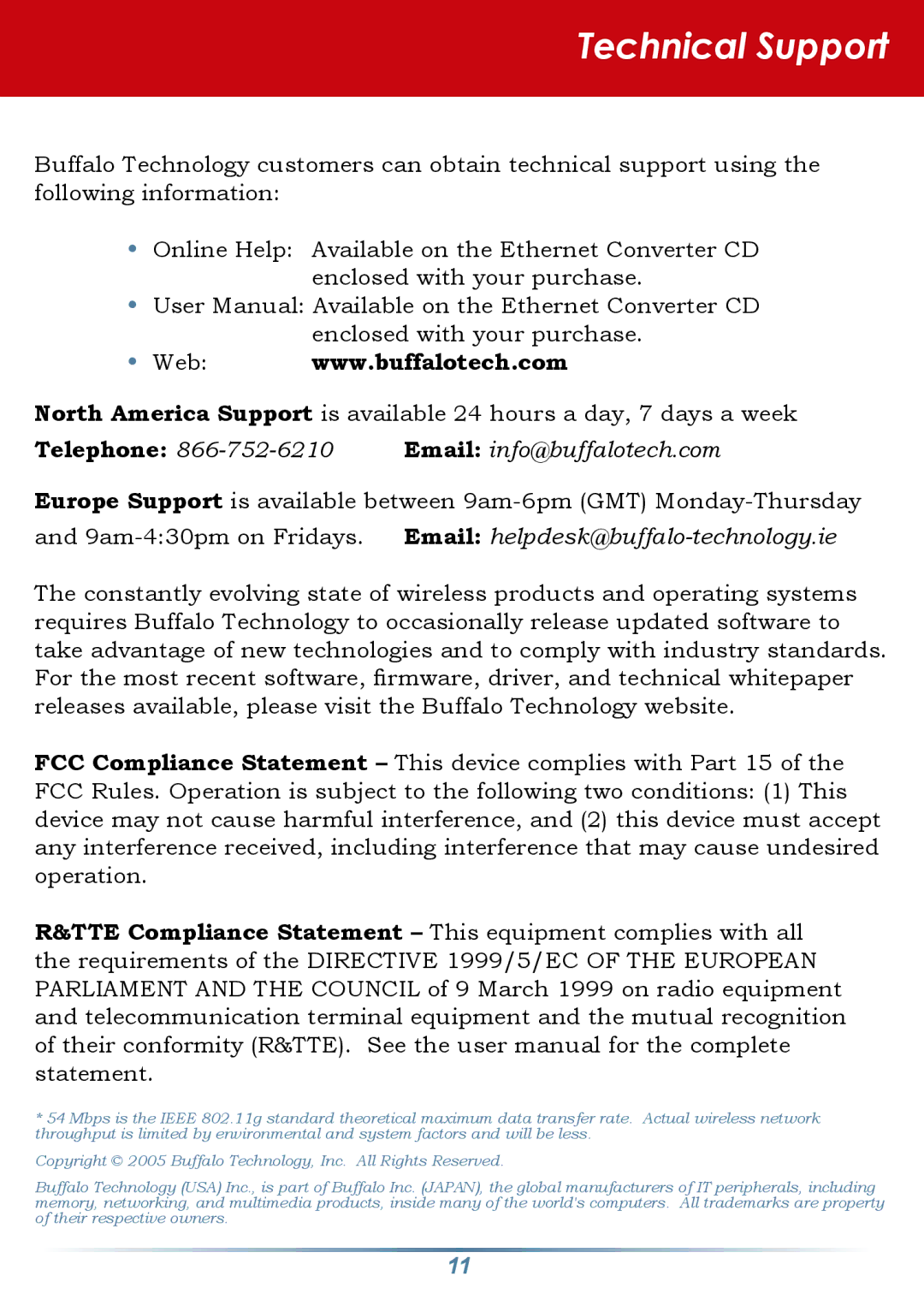 Buffalo Technology WLI-TX4-G54HP setup guide Technical Support 