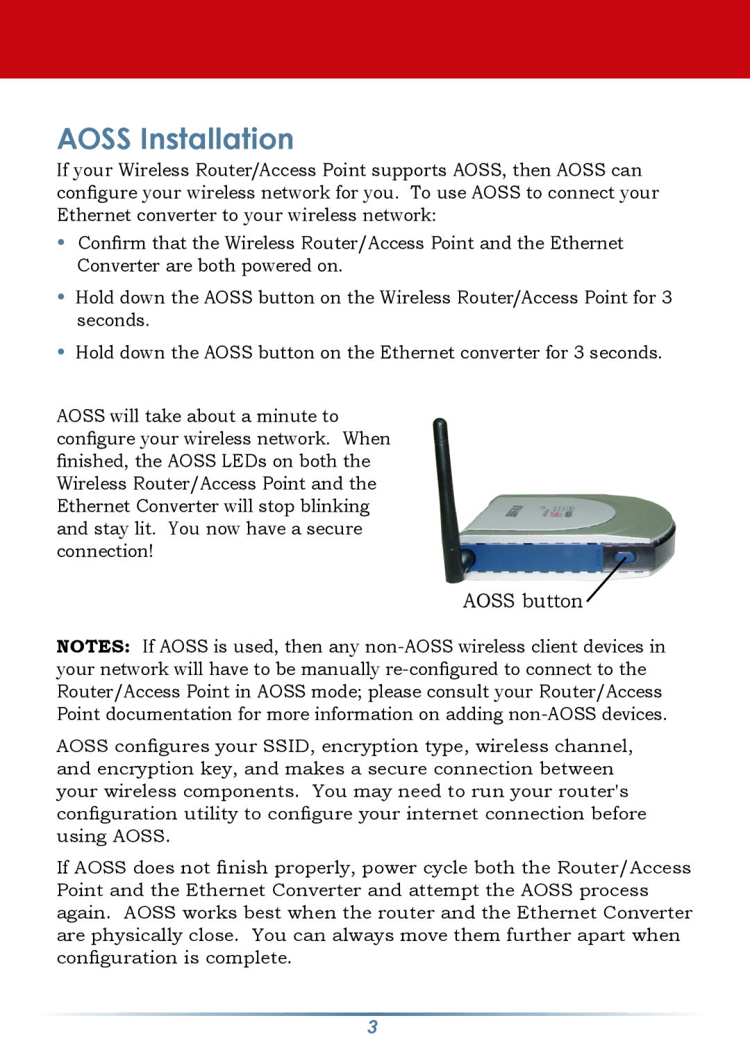 Buffalo Technology WLI-TX4-G54HP setup guide Aoss Installation, Aoss button 