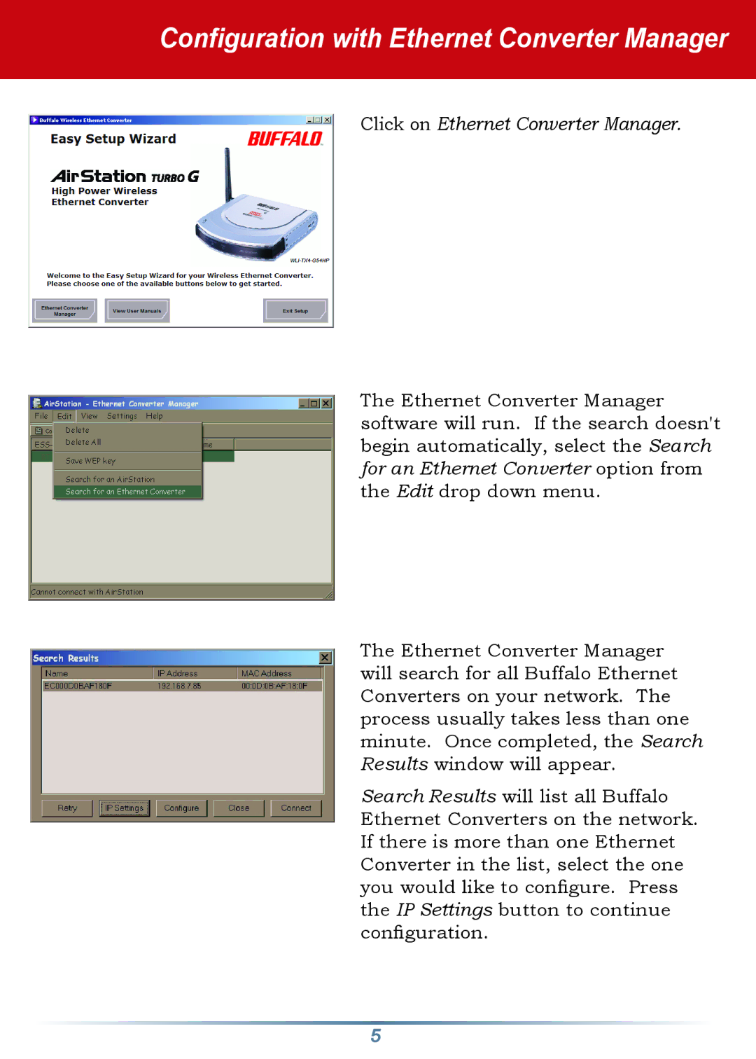 Buffalo Technology WLI-TX4-G54HP setup guide Configuration with Ethernet Converter Manager 