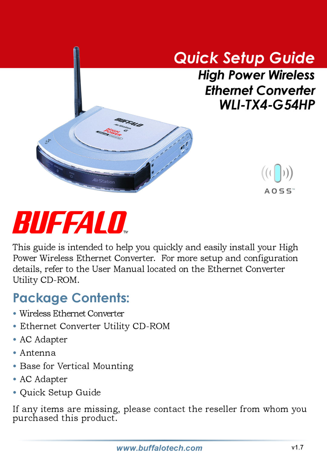 Buffalo Technology WLI-TX4-G54HP setup guide Package Contents, Quick Setup Guide, High Power Wireless Ethernet Converter 