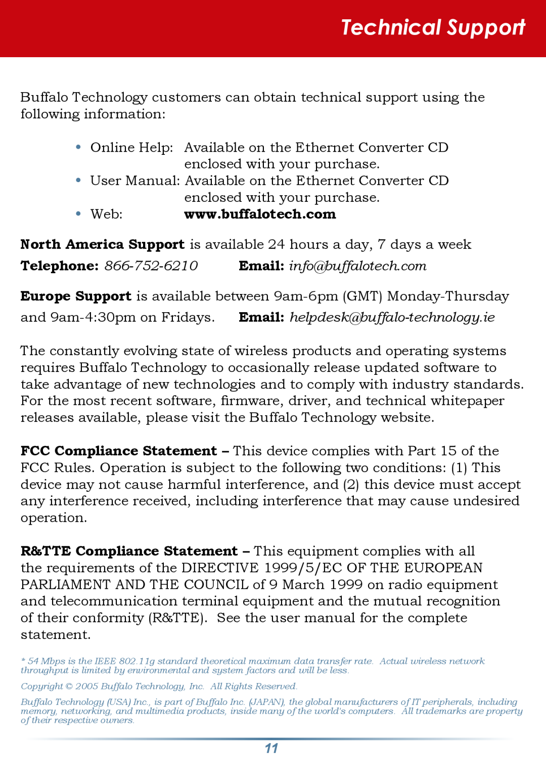 Buffalo Technology WLI-TX4-G54HP setup guide Technical Support, Telephone, Email info@buffalotech.com 