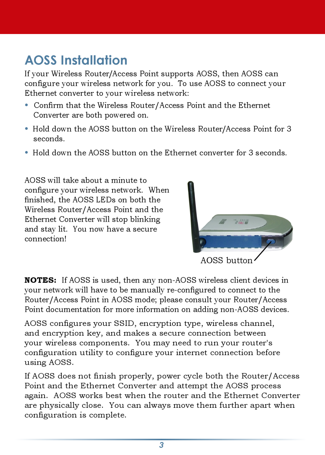 Buffalo Technology WLI-TX4-G54HP setup guide AOSS Installation, AOSS button 