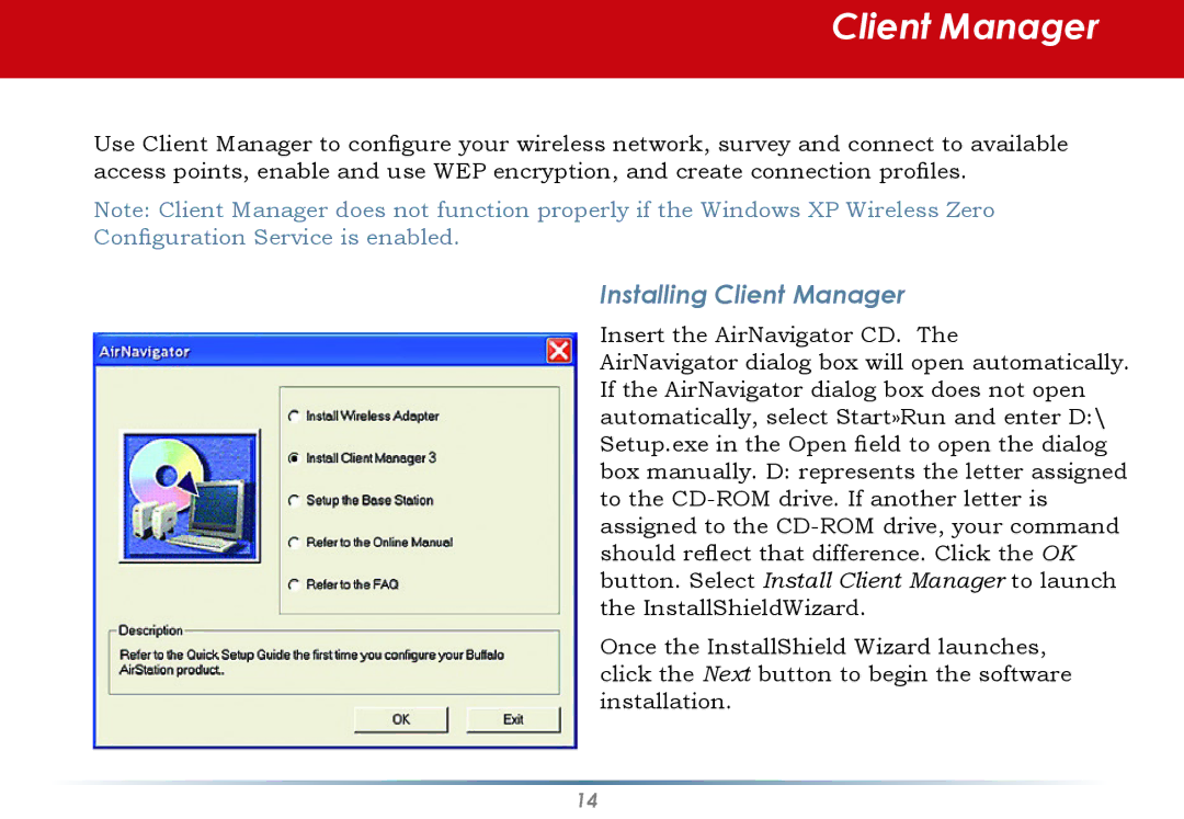 Buffalo Technology WLI-U2-AG108HP user manual Installing Client Manager 