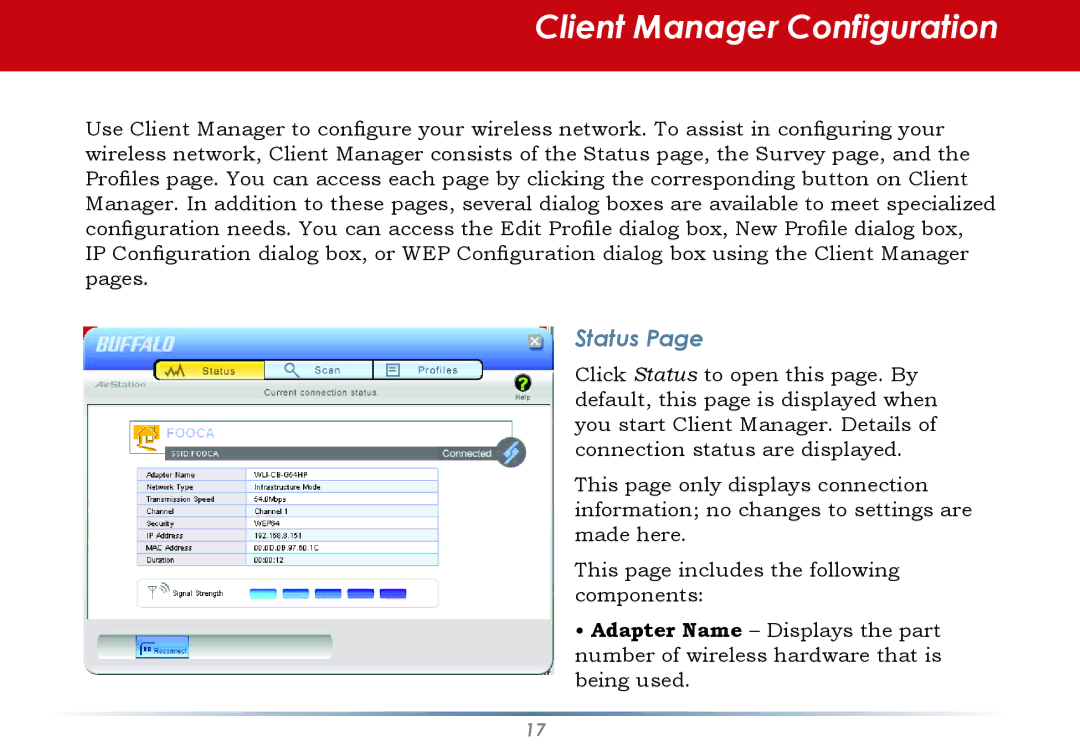 Buffalo Technology WLI-U2-AG108HP user manual Client Manager Configuration, Status 