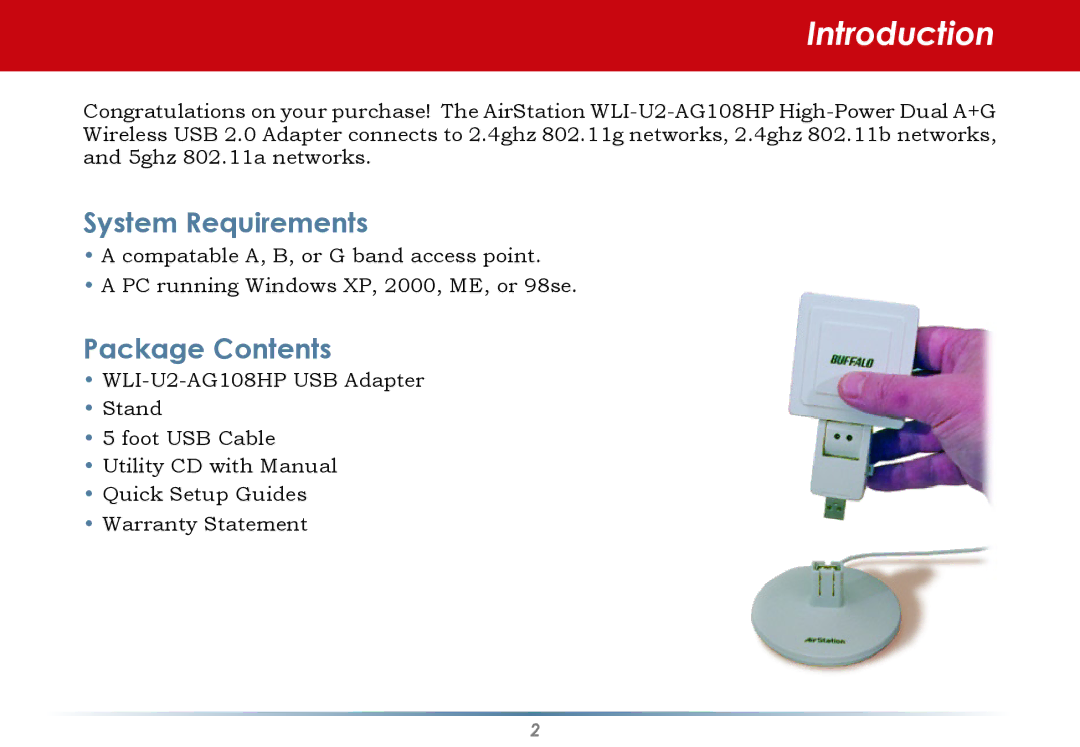 Buffalo Technology WLI-U2-AG108HP user manual Introduction, Package Contents 