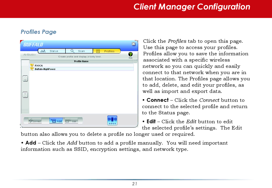 Buffalo Technology WLI-U2-AG108HP user manual Profiles 