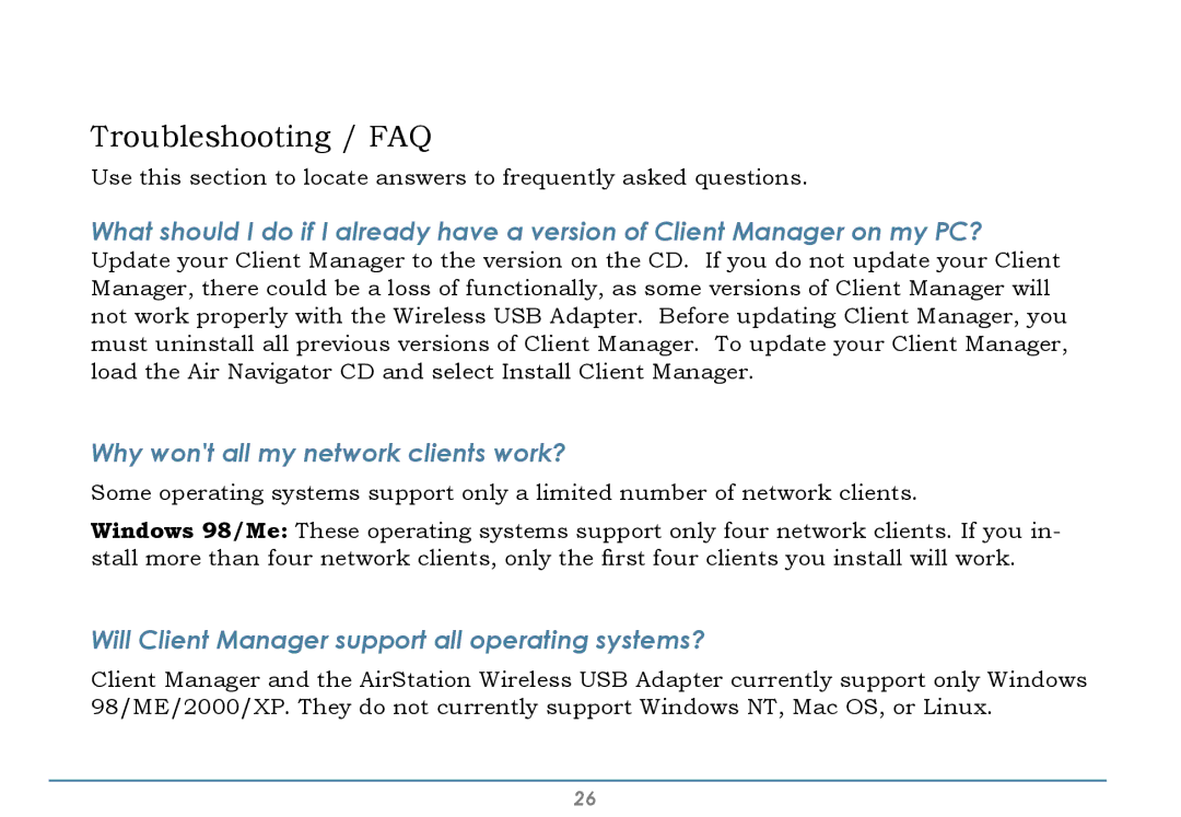 Buffalo Technology WLI-U2-AG108HP user manual Troubleshooting / FAQ, Why wont all my network clients work? 