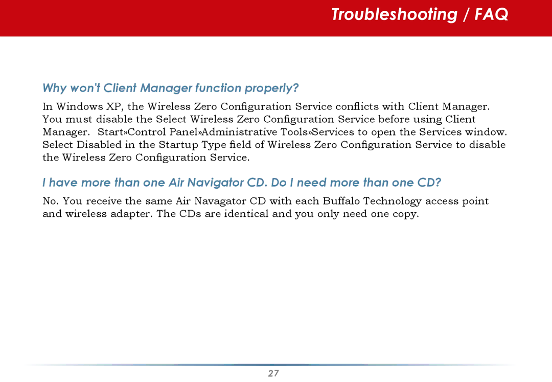 Buffalo Technology WLI-U2-AG108HP user manual Why wont Client Manager function properly? 