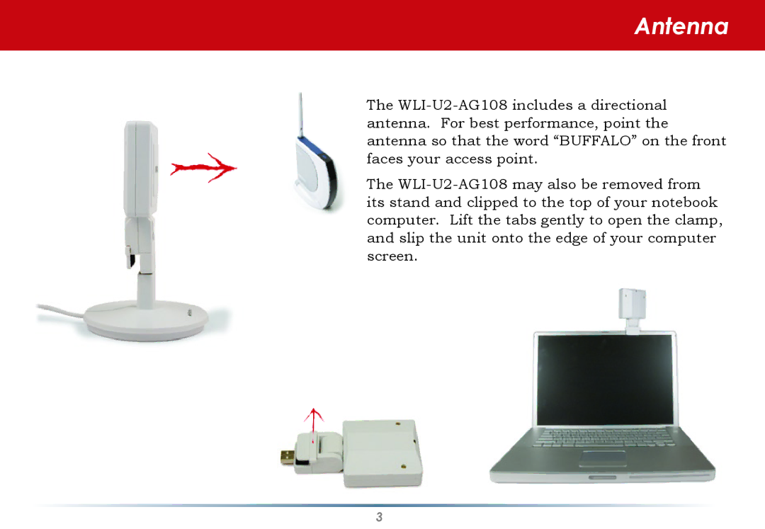 Buffalo Technology WLI-U2-AG108HP user manual Antenna 