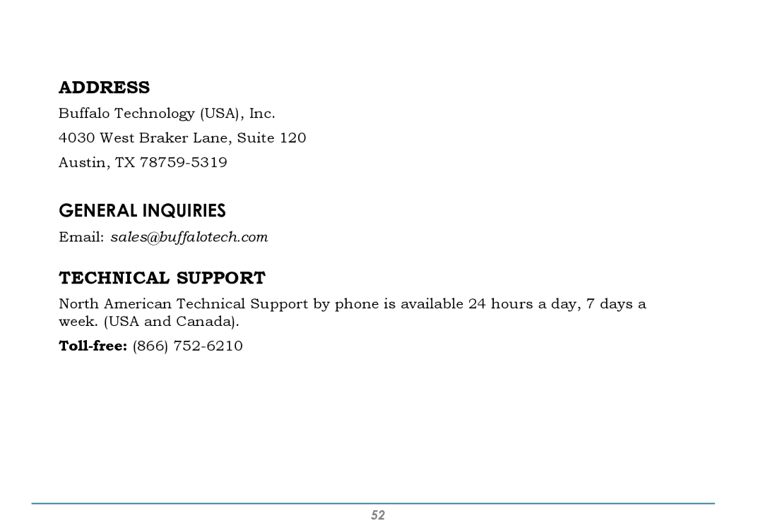 Buffalo Technology WLI-U2-AG108HP user manual Contact Information North America, General Inquiries 