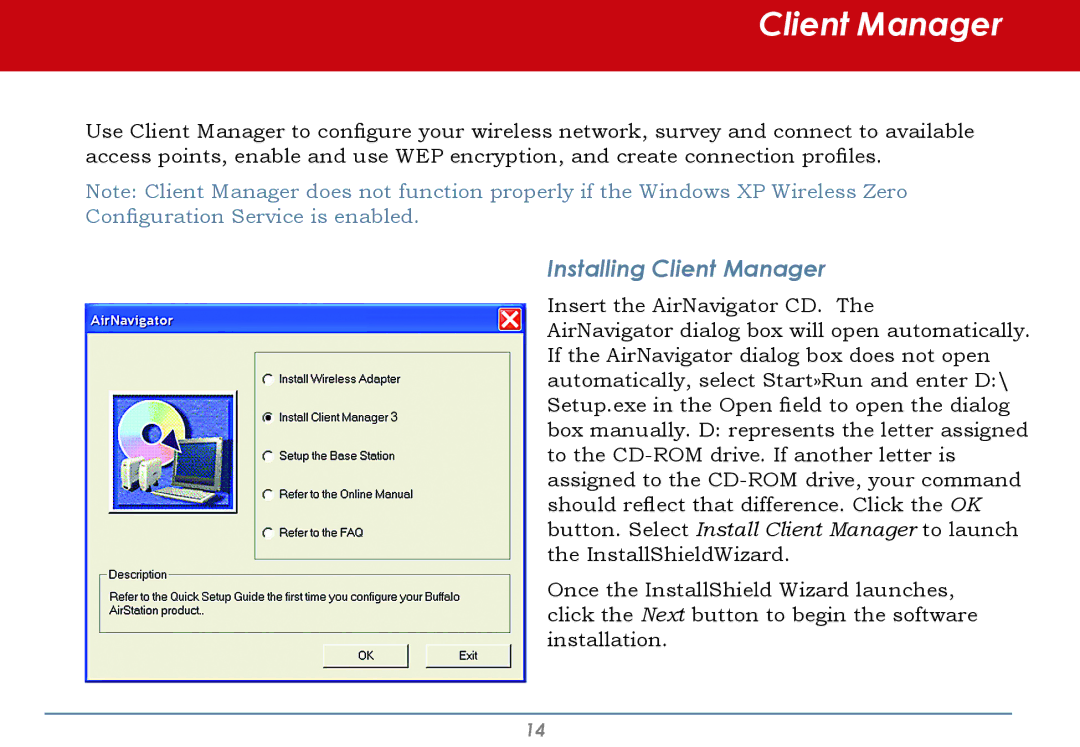 Buffalo Technology WLI-U2-AG108HP user manual Installing Client Manager 