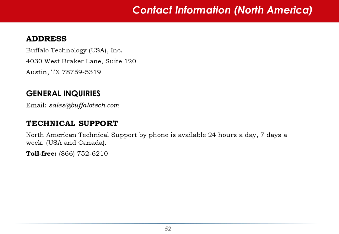 Buffalo Technology WLI-U2-AG108HP user manual Contact Information North America, General Inquiries 