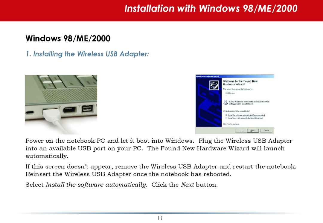 Buffalo Technology WLI-U2-AG108HP user manual Installation with Windows 98/ME/2000, Installing the Wireless USB Adapter 