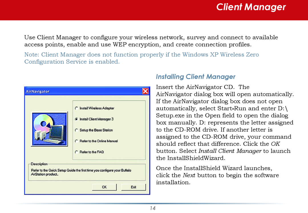 Buffalo Technology WLI-U2-AG108HP user manual Installing Client Manager 