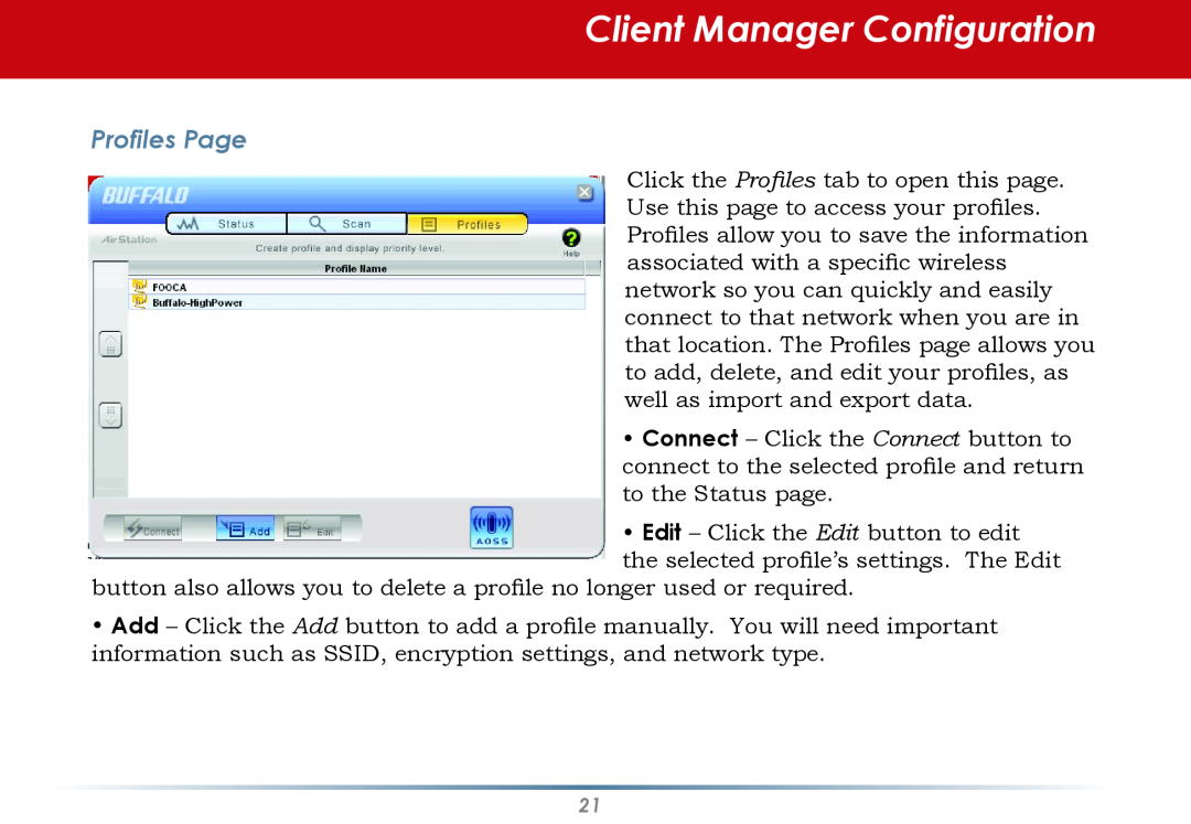 Buffalo Technology WLI-U2-AG108HP user manual Client Manager Configuration, Profiles Page 