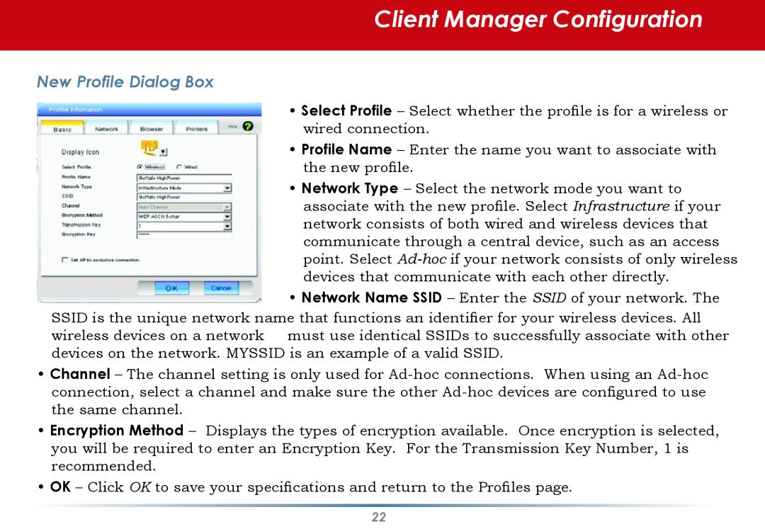 Buffalo Technology WLI-U2-AG108HP user manual Client Manager Configuration, New Profile Dialog Box 