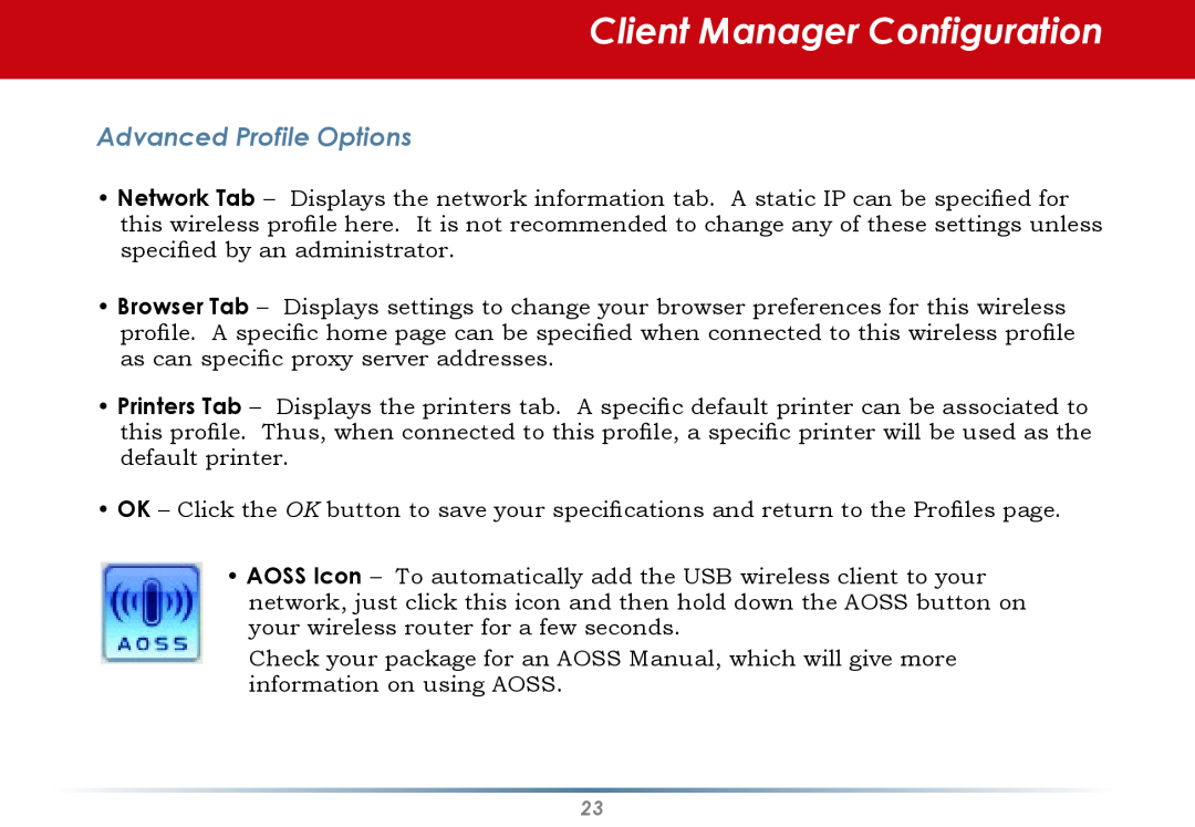 Buffalo Technology WLI-U2-AG108HP user manual Client Manager Configuration, Advanced Profile Options 