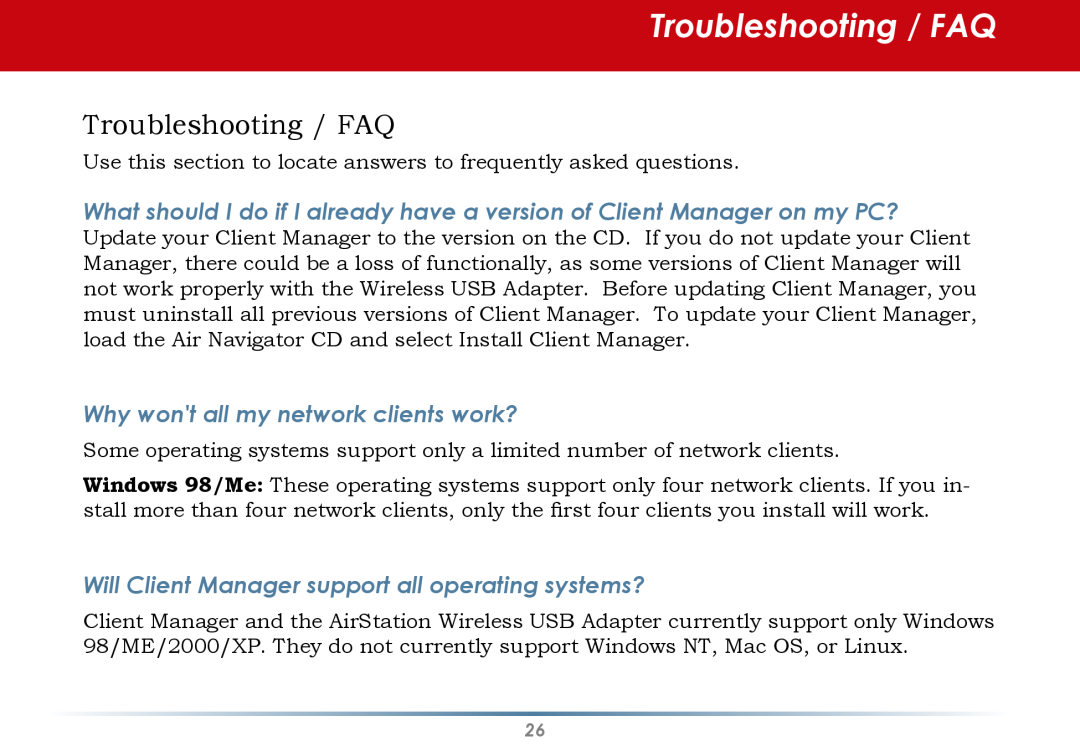 Buffalo Technology WLI-U2-AG108HP user manual Troubleshooting / FAQ, Why wont all my network clients work? 