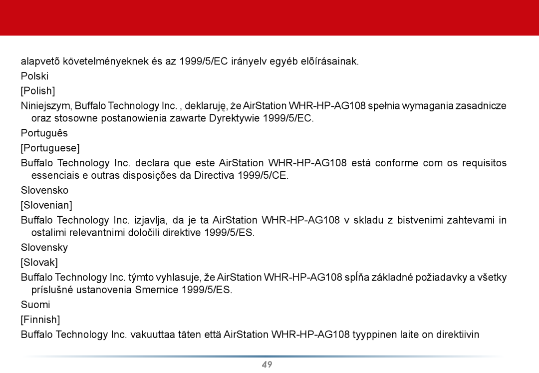 Buffalo Technology WLI-U2-AG108HP alapvetõ követelményeknek és az 1999/5/EC irányelv egyéb elõírásainak, Polski Polish 