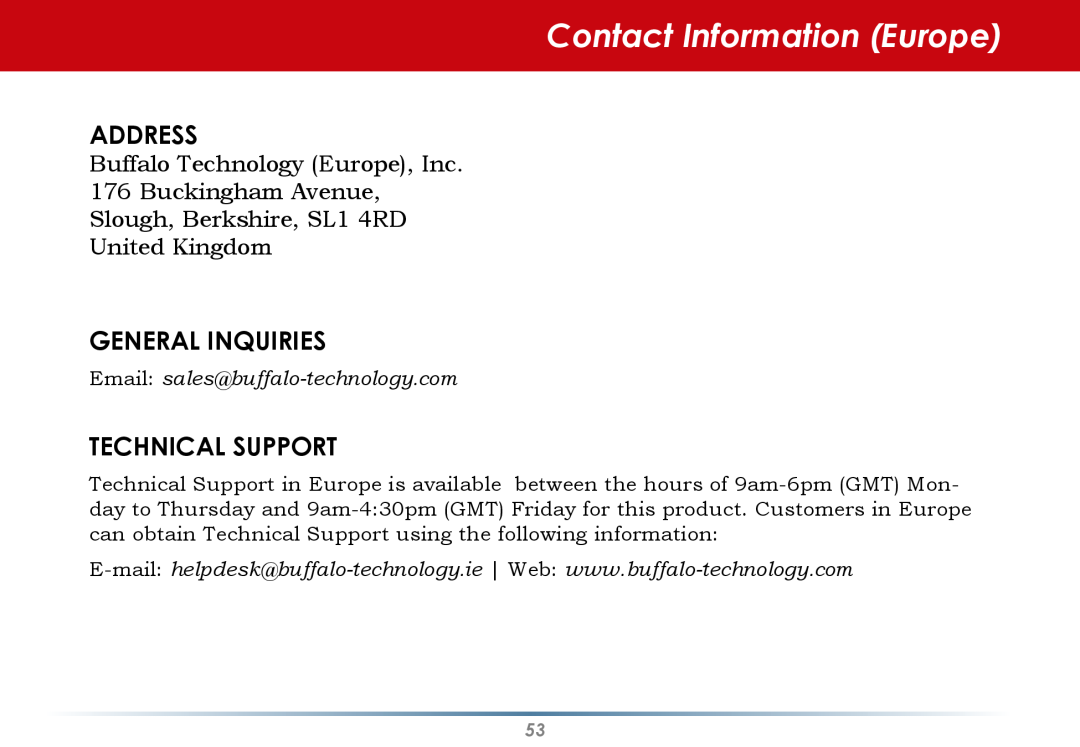 Buffalo Technology WLI-U2-AG108HP user manual Contact Information Europe, Address, Technical Support, General Inquiries 