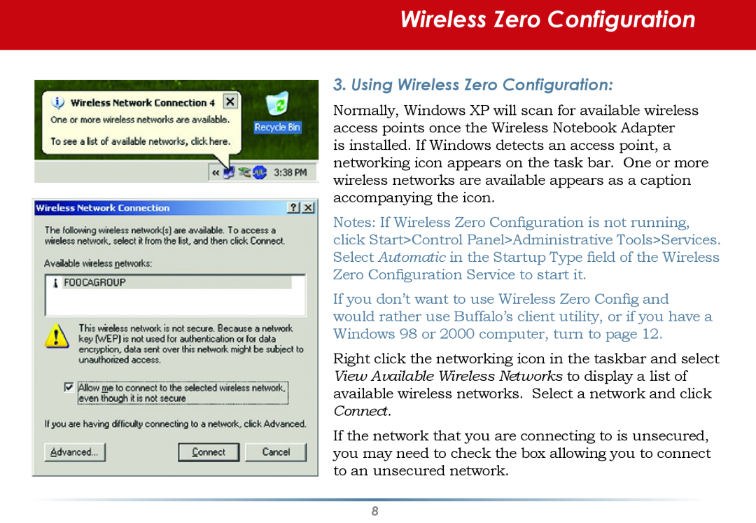 Buffalo Technology WLI-U2-AG108HP user manual Using Wireless Zero Configuration 