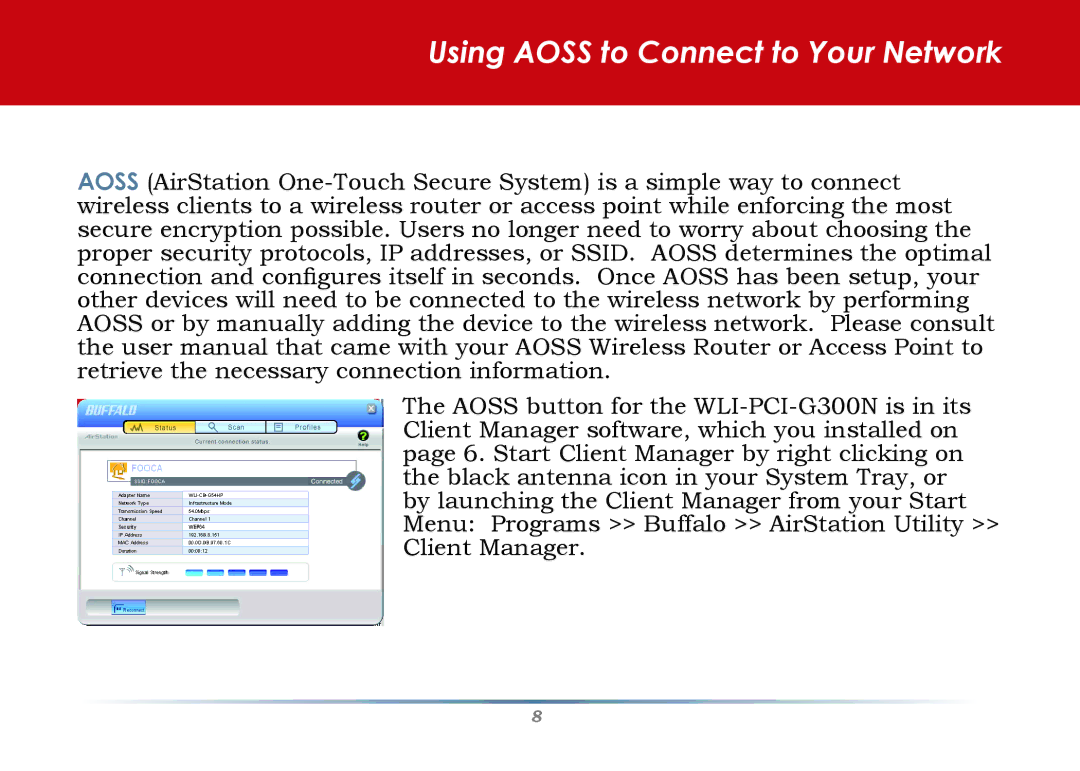 Buffalo Technology WLI-U2-G300N quick start Using Aoss to Connect to Your Network 