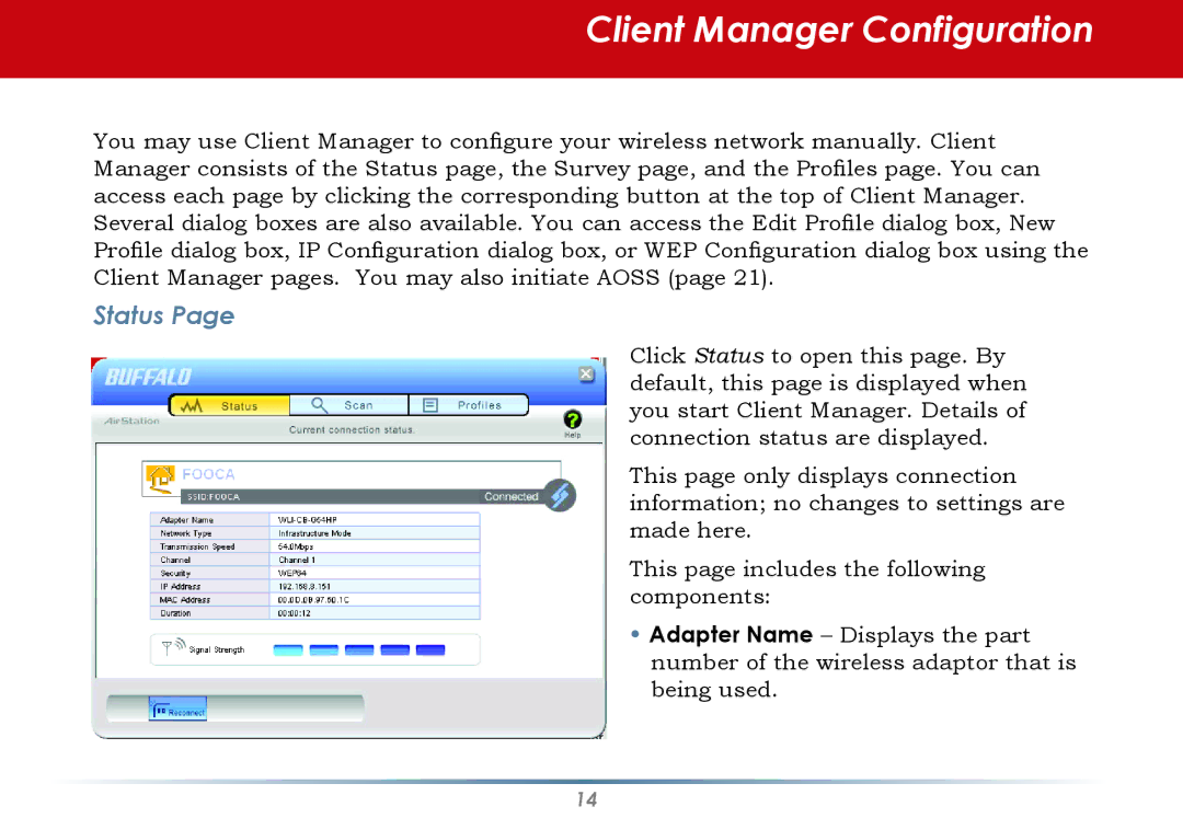 Buffalo Technology WLI-U2-KG125S user manual Client Manager Configuration, Status 