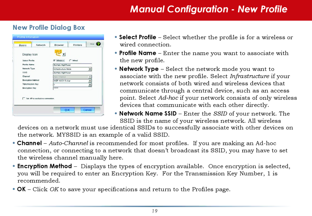 Buffalo Technology WLI-U2-KG125S user manual Manual Configuration New Profile, New Profile Dialog Box 