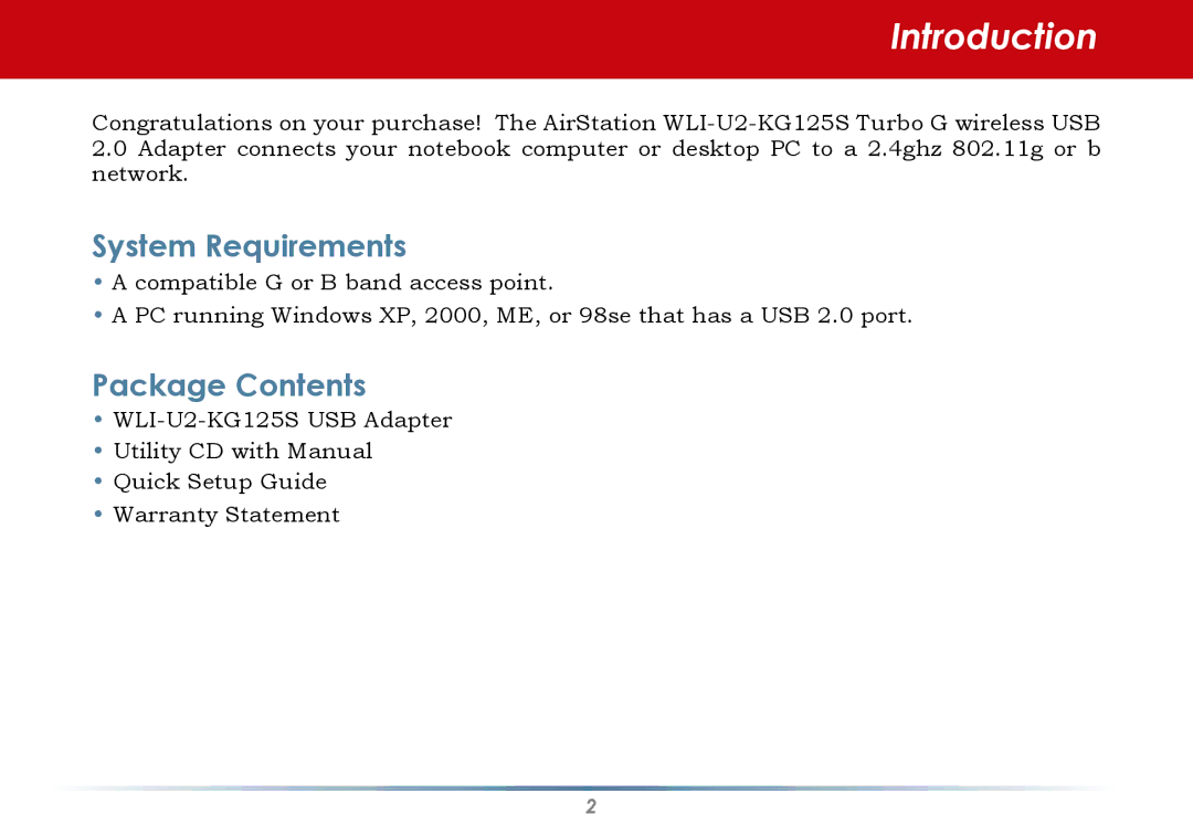 Buffalo Technology WLI-U2-KG125S user manual Introduction, System Requirements 