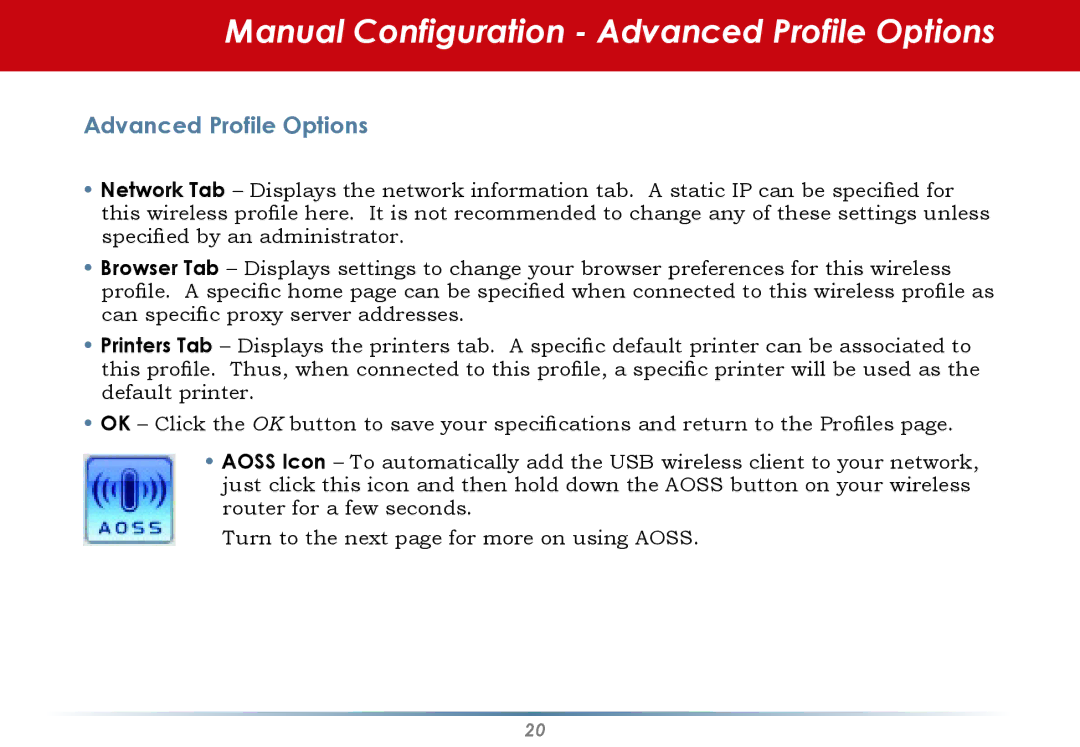 Buffalo Technology WLI-U2-KG125S user manual Manual Configuration Advanced Profile Options 