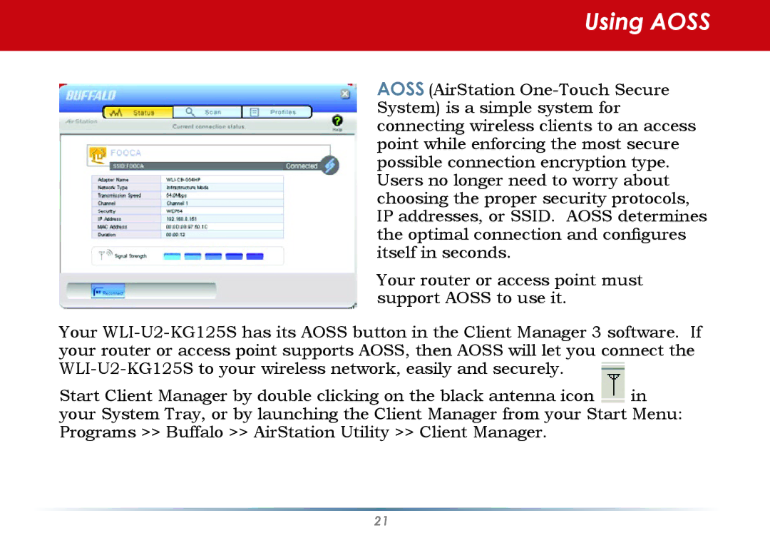 Buffalo Technology WLI-U2-KG125S user manual Using Aoss 