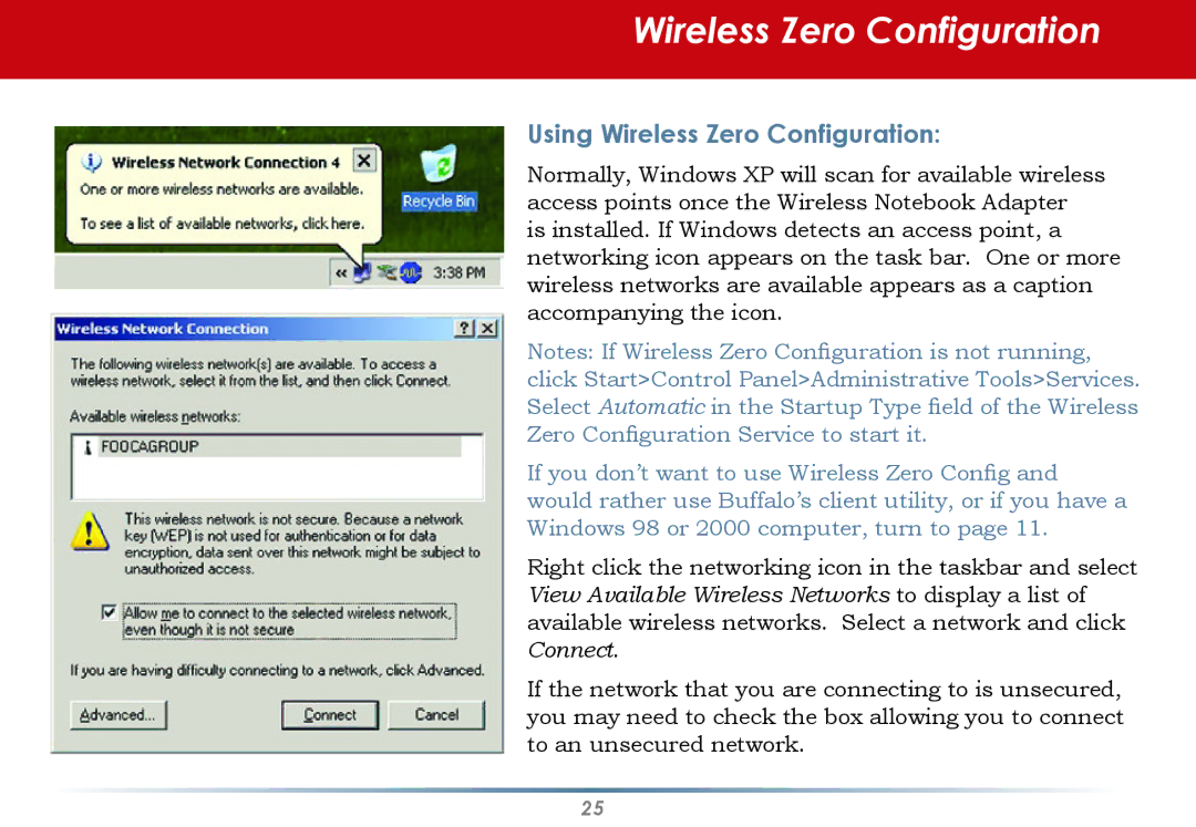 Buffalo Technology WLI-U2-KG125S user manual Using Wireless Zero Configuration 