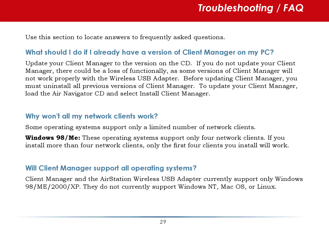 Buffalo Technology WLI-U2-KG125S user manual Troubleshooting / FAQ, Why wont all my network clients work? 