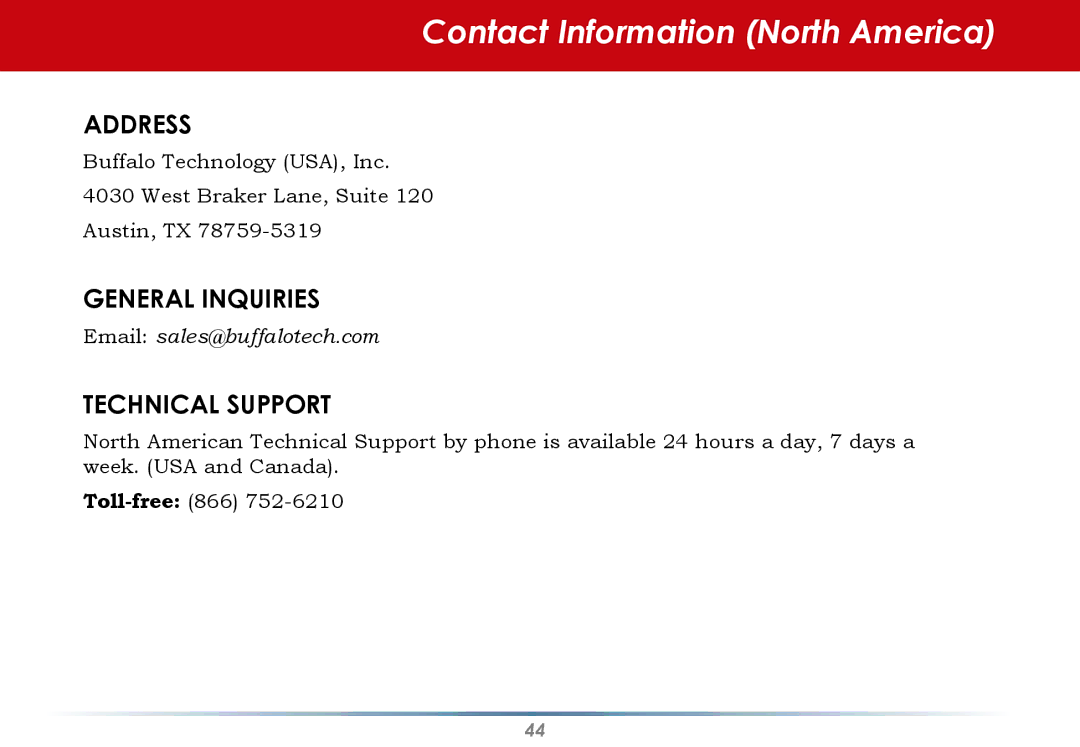 Buffalo Technology WLI-U2-KG125S user manual Contact Information North America, Technical Support 