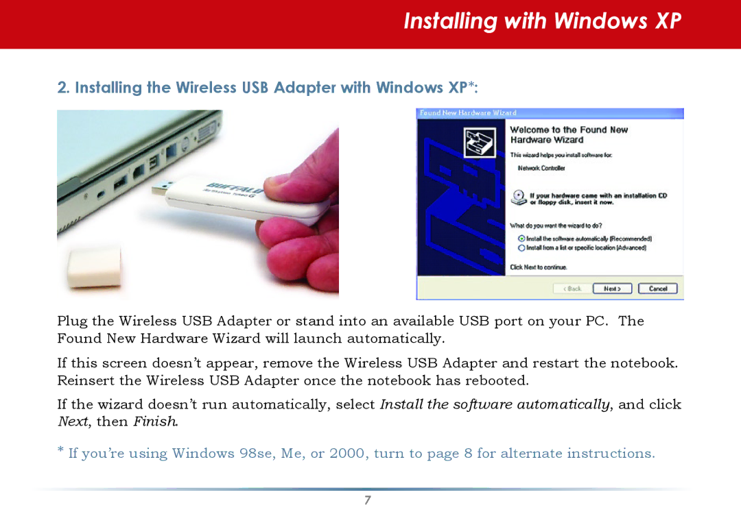 Buffalo Technology WLI-U2-KG125S Installing with Windows XP, Installing the Wireless USB Adapter with Windows XP 