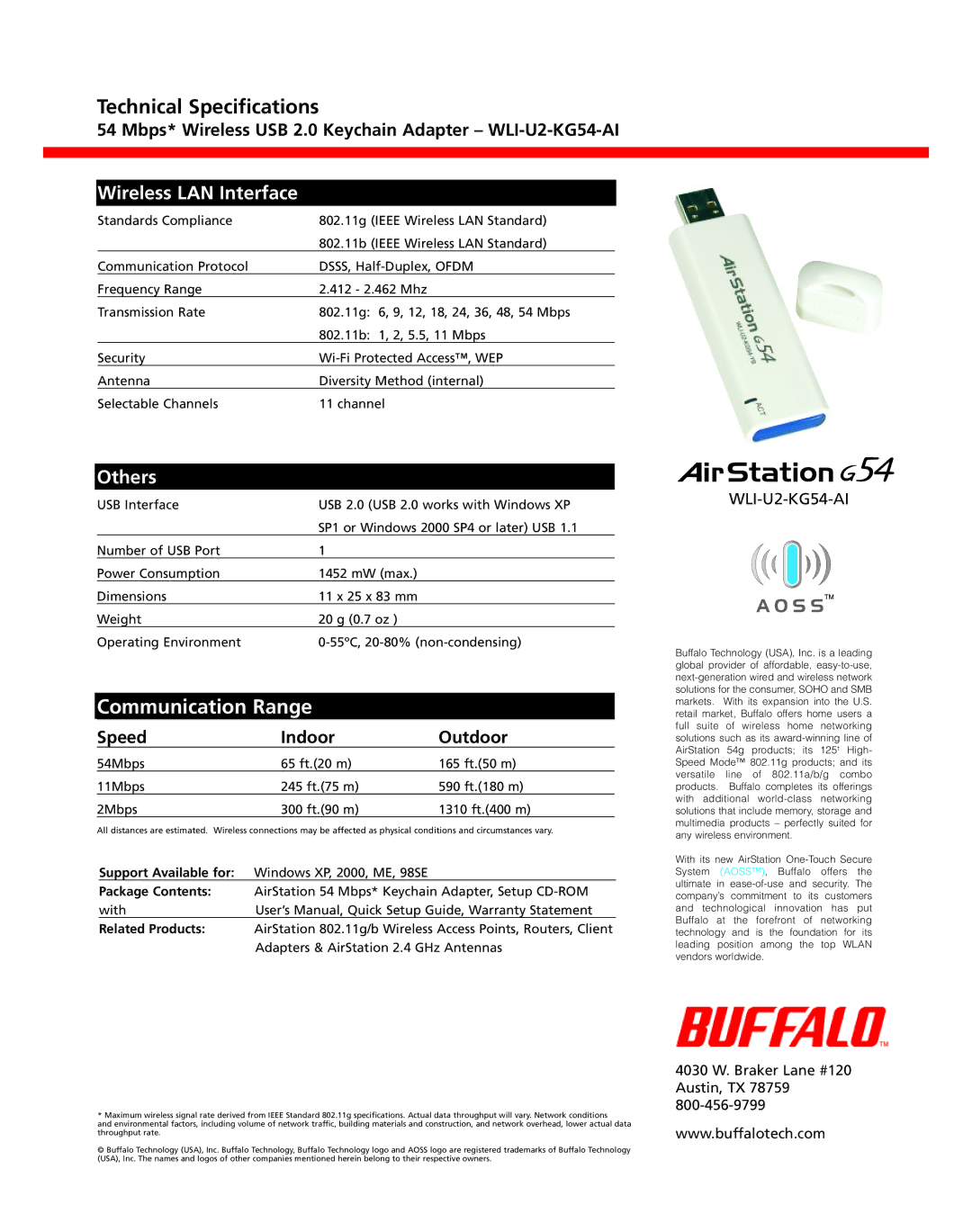 Buffalo Technology WLI-U2-KG54-AI manual Wireless LAN Interface, Others, Speed Indoor Outdoor 