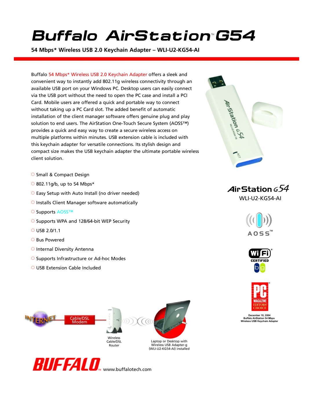 Buffalo Technology manual Mbps* Wireless USB 2.0 Keychain Adapter - WLI-U2-KG54-AI, Buffalo AirStationG54 
