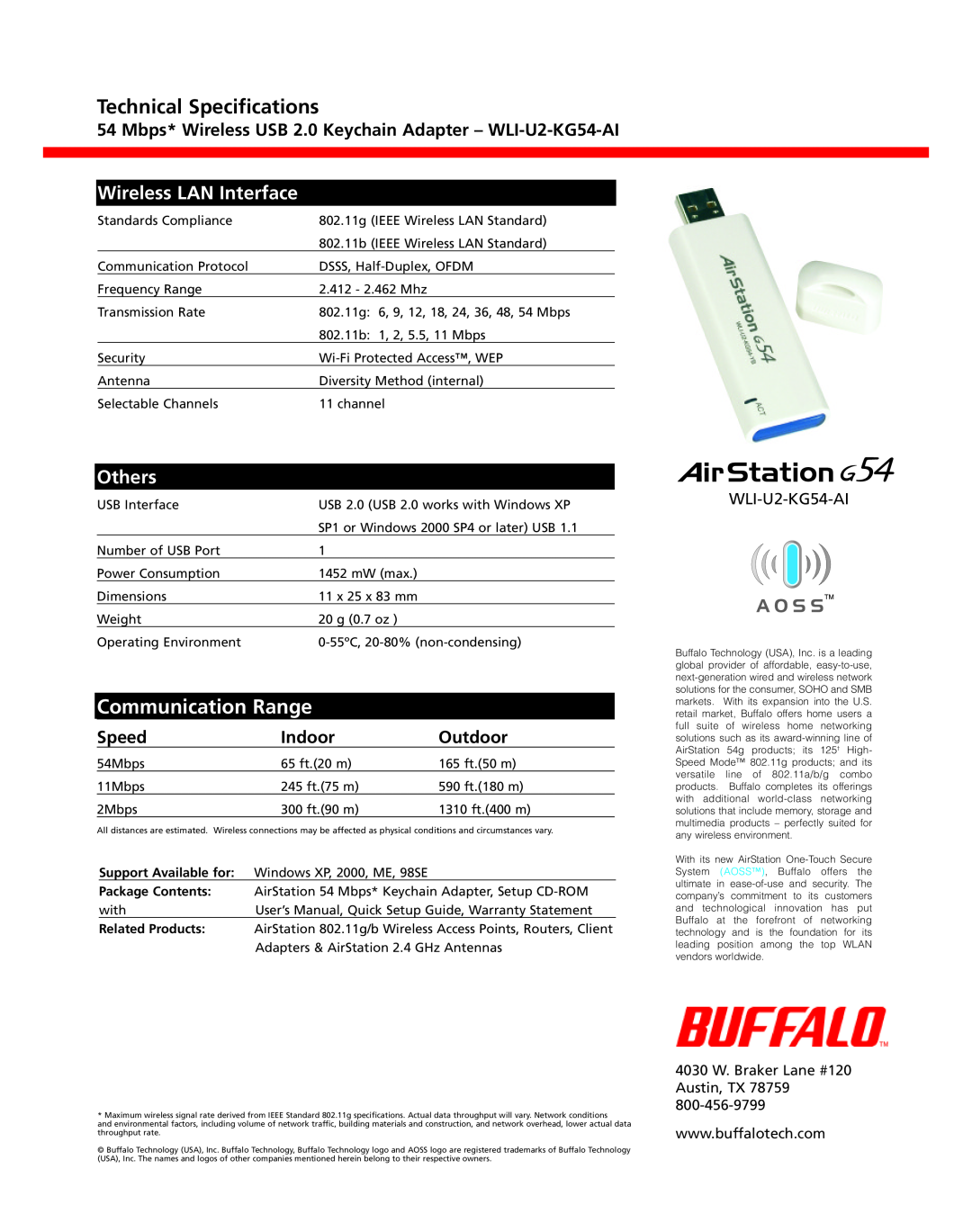 Buffalo Technology WLI-U2-KG54-AI Speed, Indoor, Outdoor, 4030 W. Braker Lane #120 Austin, TX 78759, Communication Range 