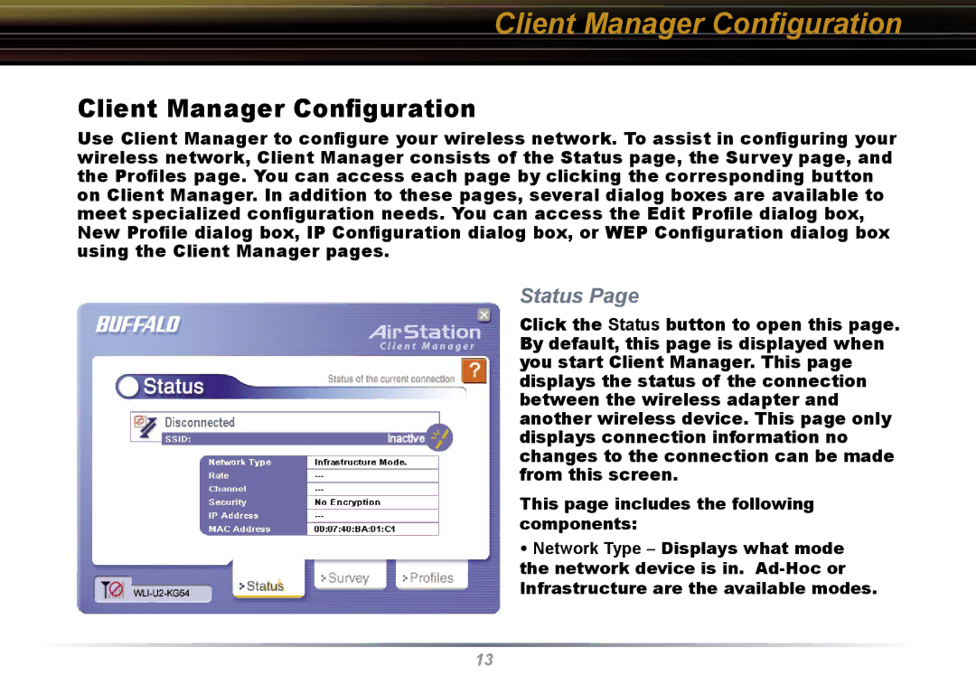 Buffalo Technology WLI-U2-KG54 user manual Client Manager Conﬁguration, Status 