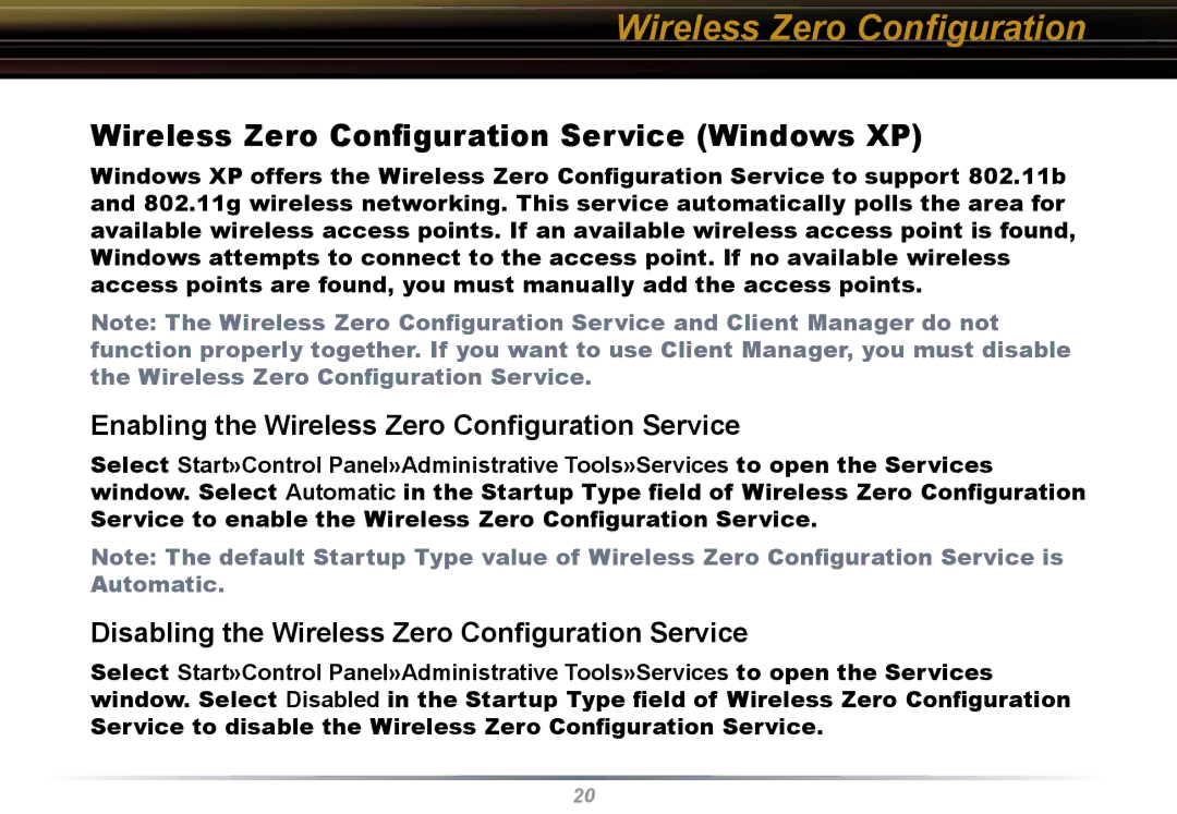 Buffalo Technology WLI-U2-KG54 user manual Wireless Zero Conﬁguration Service Windows XP 