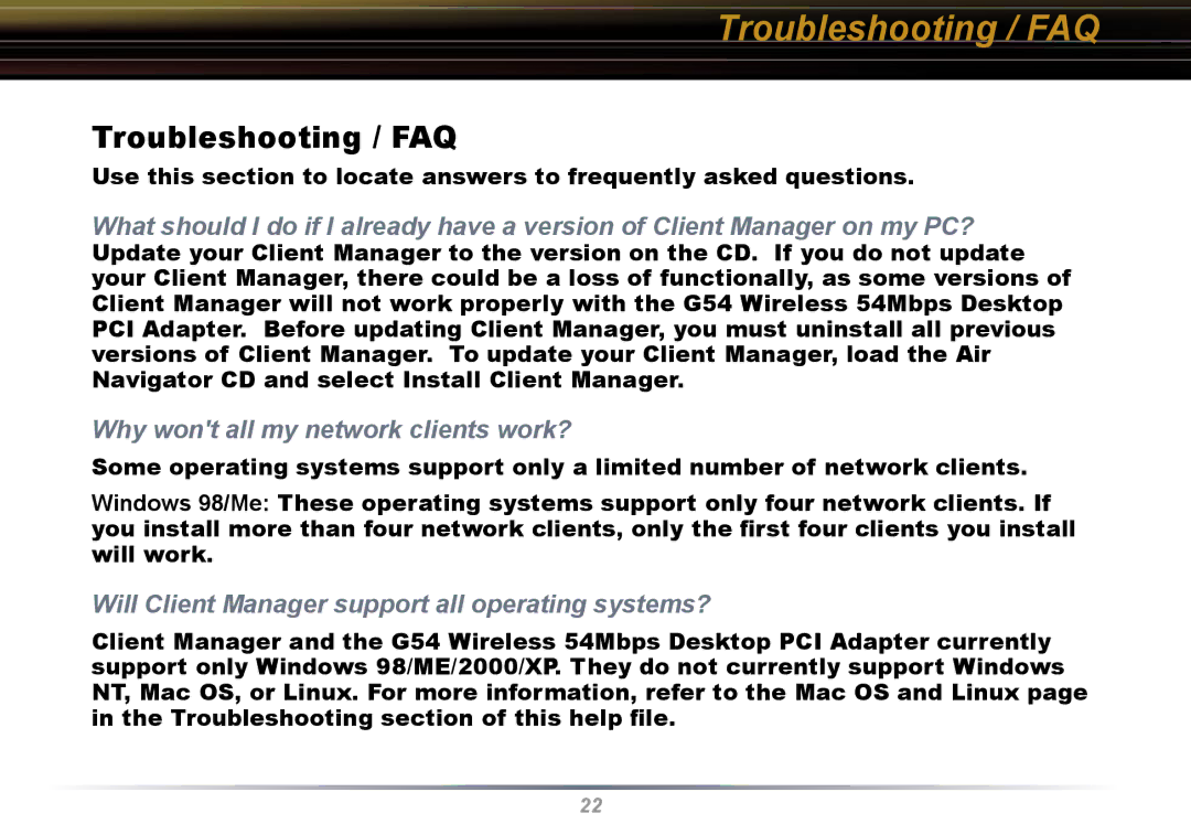 Buffalo Technology WLI-U2-KG54 user manual Troubleshooting / FAQ, Why wont all my network clients work? 