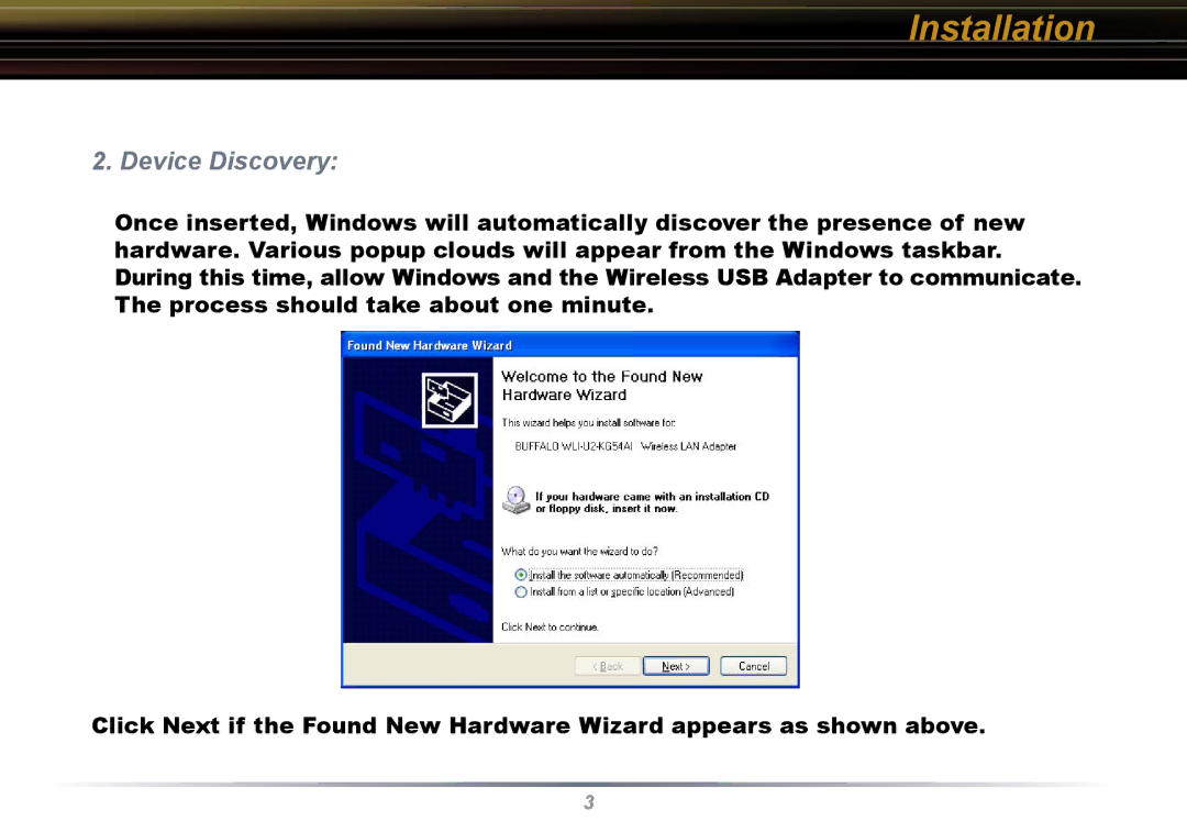 Buffalo Technology WLI-U2-KG54 user manual Device Discovery 