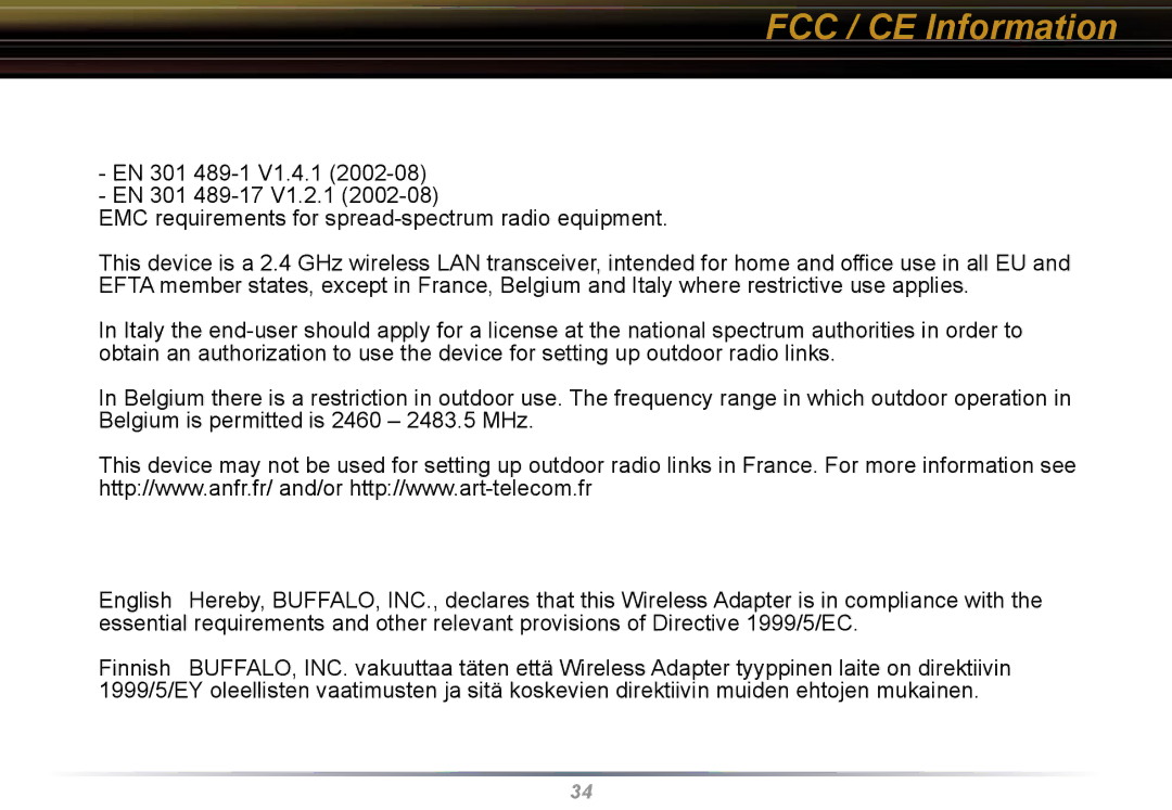 Buffalo Technology WLI-U2-KG54 user manual FCC / CE Information 