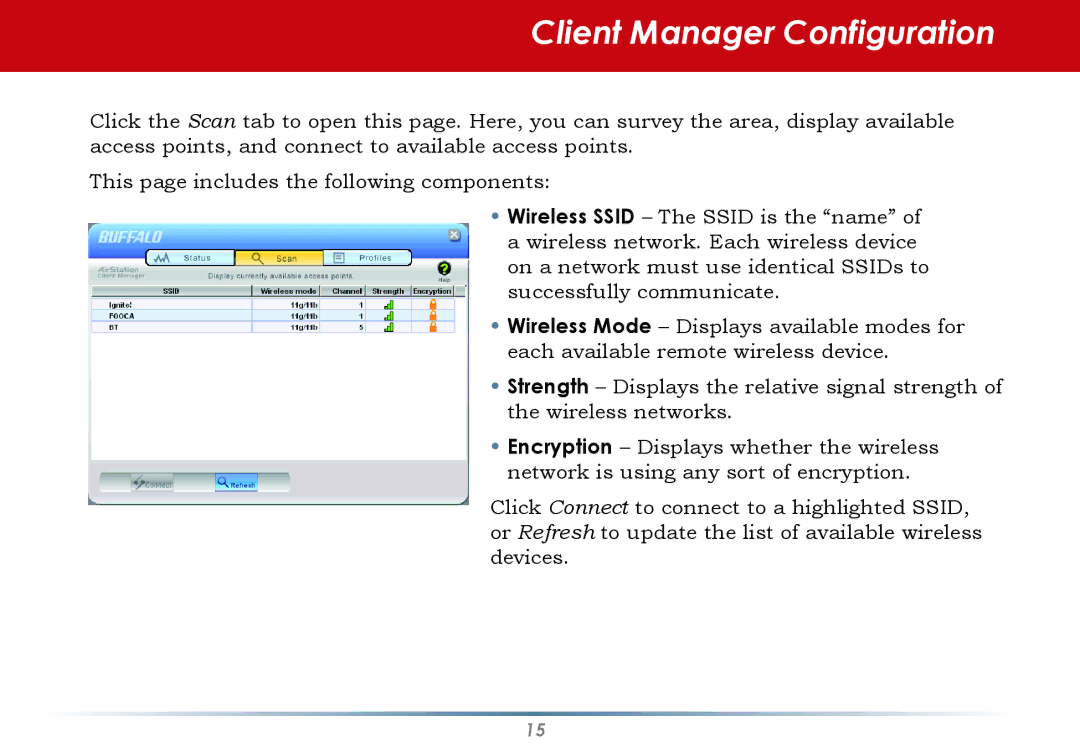 Buffalo Technology WLI-U2-SG54HG user manual Client Manager Configuration 