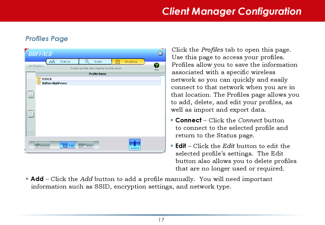 Buffalo Technology WLI-U2-SG54HG user manual Profiles 