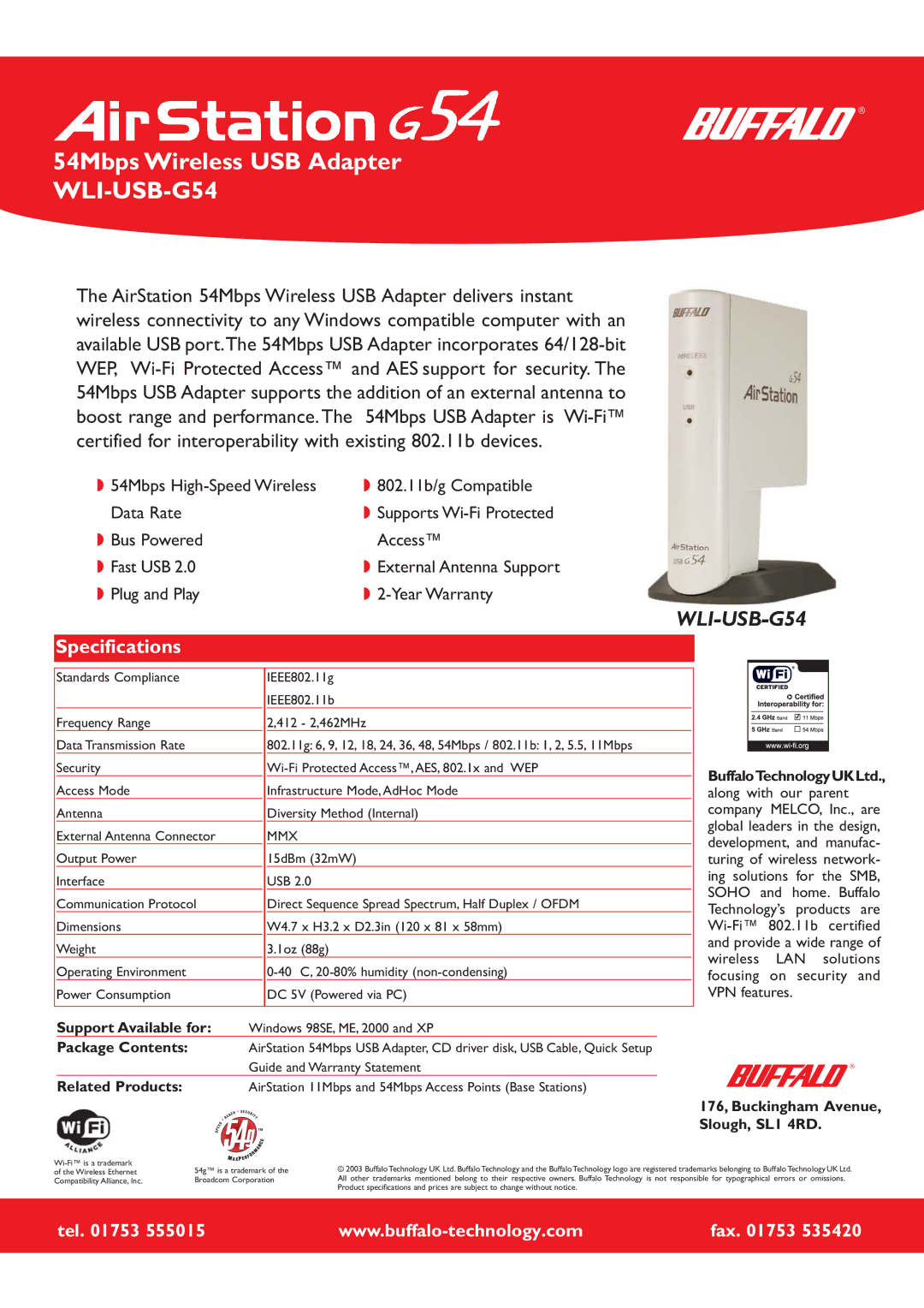 Buffalo Technology specifications 54Mbps Wireless USB Adapter WLI-USB-G54, Specifications 