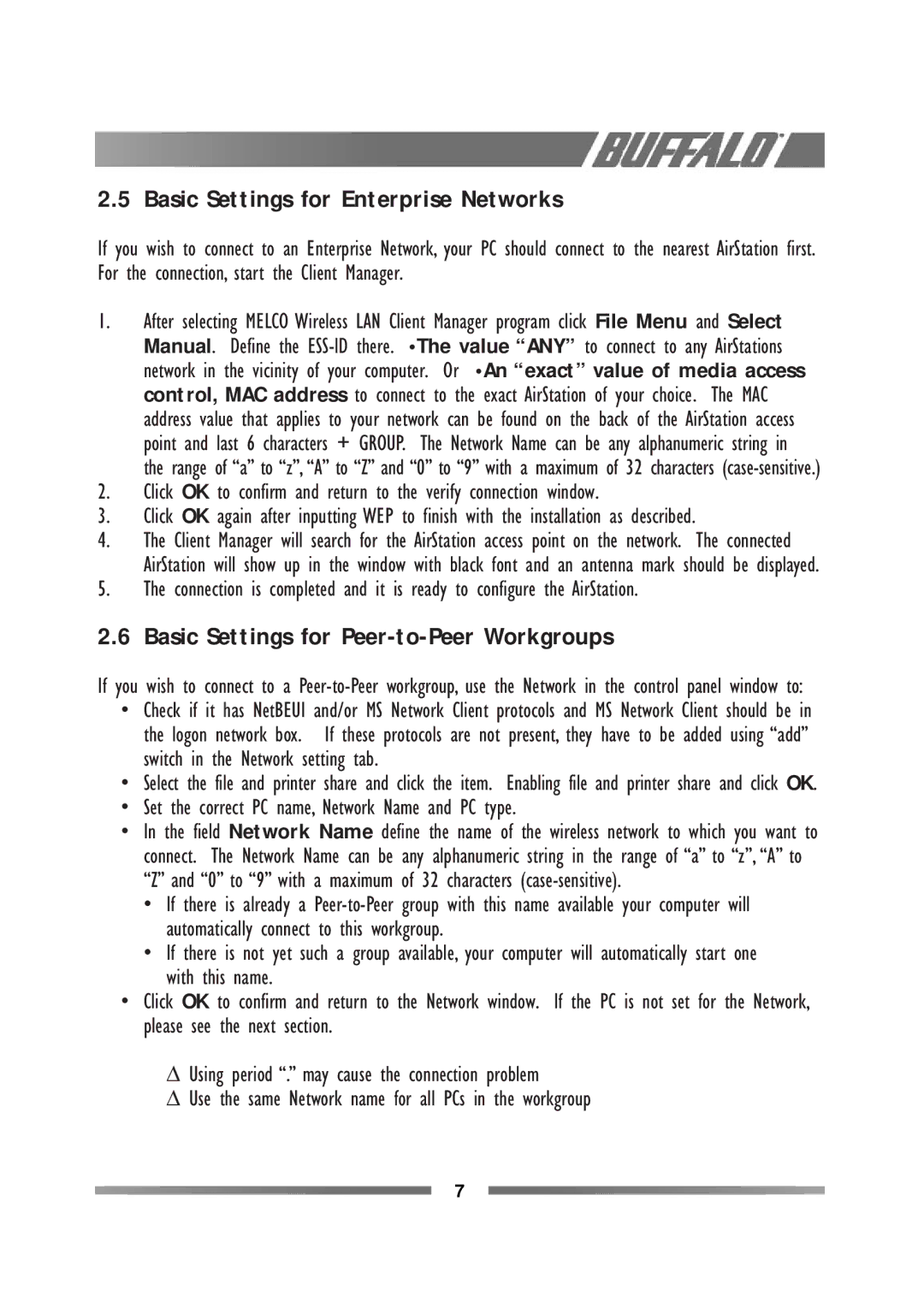 Buffalo Technology WLI-USB-L11G manual Basic Settings for Enterprise Networks, Basic Settings for Peer-to-Peer Workgroups 