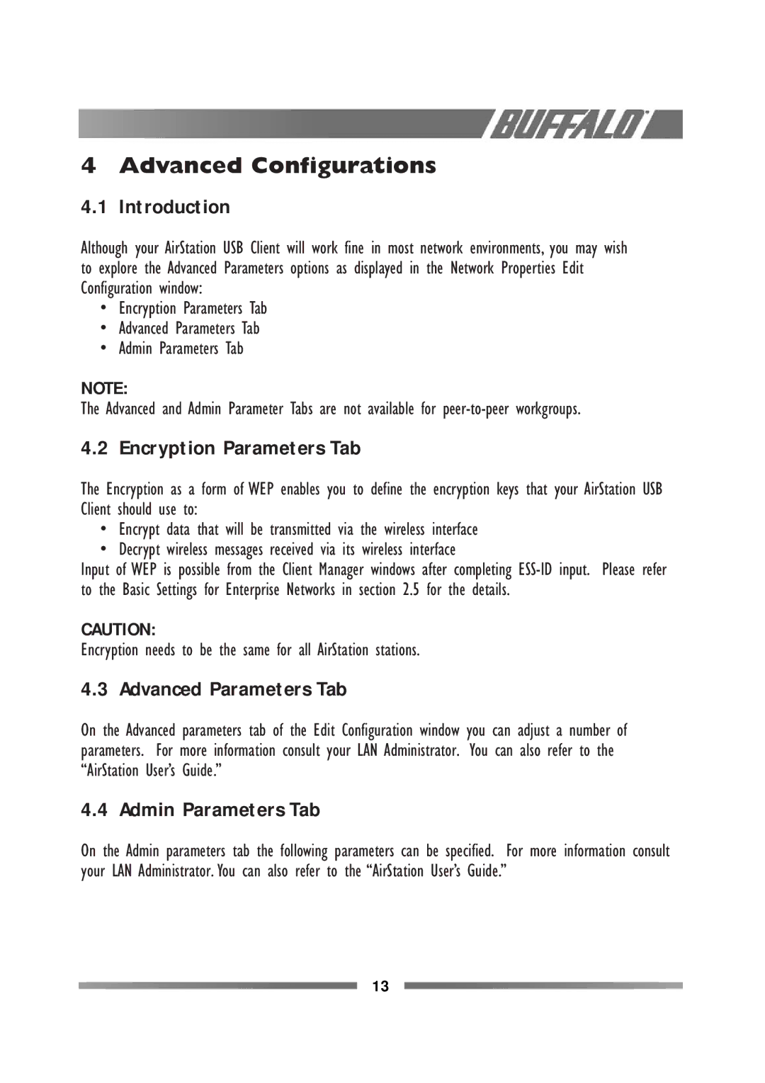 Buffalo Technology WLI-USB-L11G manual Advanced Configurations, Encryption Parameters Tab, Advanced Parameters Tab 